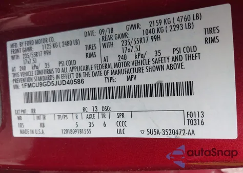 2018 Ford Escape Se z USA, uszkodzony, nr VIN 1FMCU9GD5JUD40586